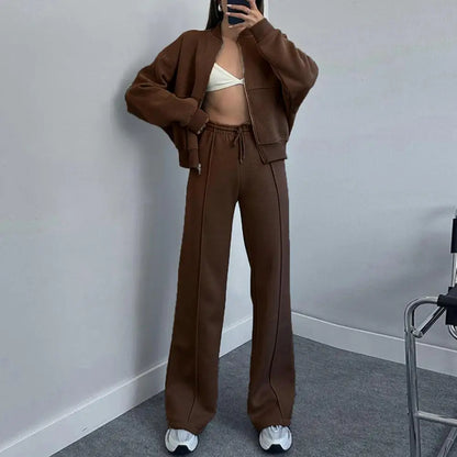 Women Loose Fit Suit Women's 2-piece Tracksuit Set with Stand Collar Coat Wide Leg Pants Solid Color Zipper Closure for Casual