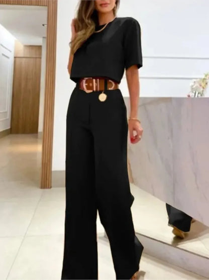 2023 Spring Summer New Two Piece Set Women Solid Color O Neck Cropped T Shirt High Waist Wide Leg Pants Casual Sets Streetwear