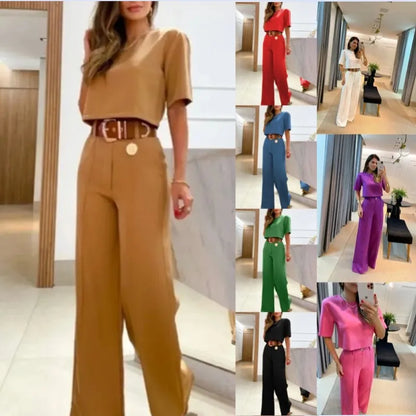 2023 Spring Summer New Two Piece Set Women Solid Color O Neck Cropped T Shirt High Waist Wide Leg Pants Casual Sets Streetwear