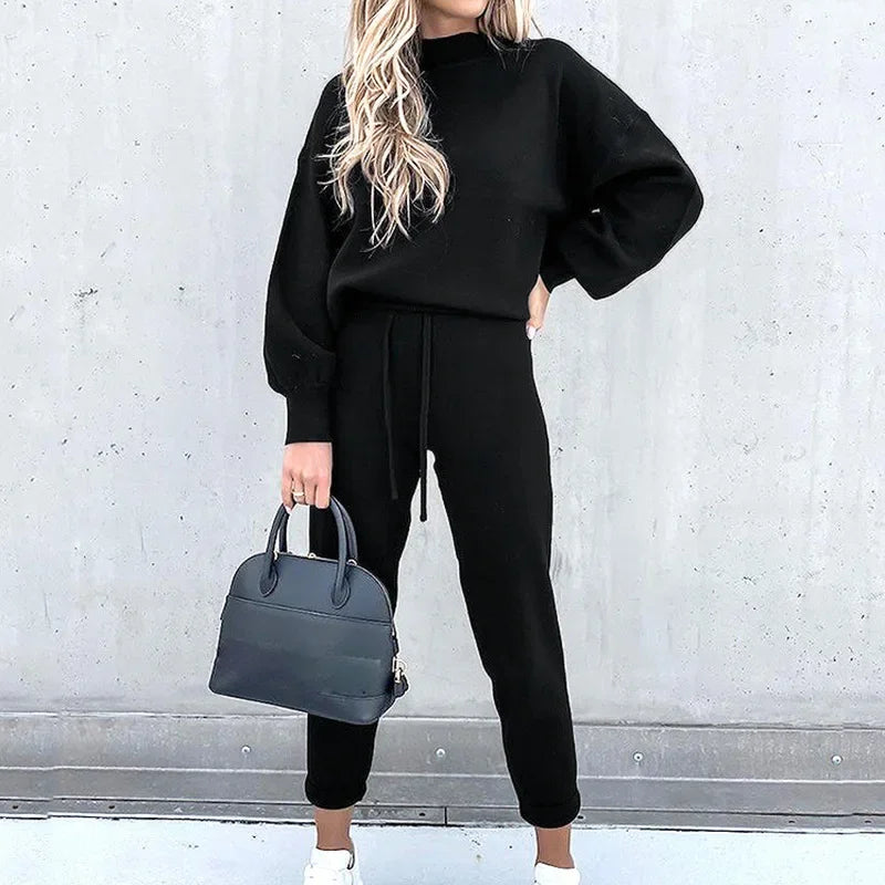 Women's High Collar Sweater and Trousers Set, Casual, Pure Color, 2-Piece, Autumn and Winter, 2024