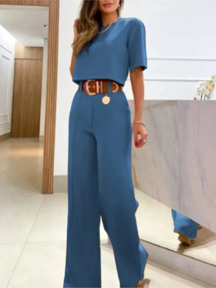 2023 Spring Summer New Two Piece Set Women Solid Color O Neck Cropped T Shirt High Waist Wide Leg Pants Casual Sets Streetwear