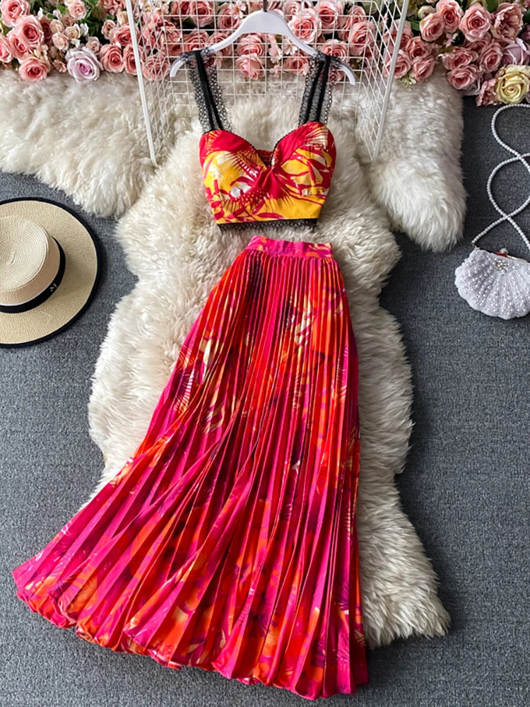 Bohemian Vacation Beach 2pcs Set Women Floral Printed Short Strapless Tops And High Waist Pleated Long Skirt Suit Spring Summer