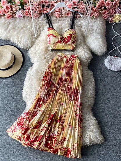 Bohemian Vacation Beach 2pcs Set Women Floral Printed Short Strapless Tops And High Waist Pleated Long Skirt Suit Spring Summer