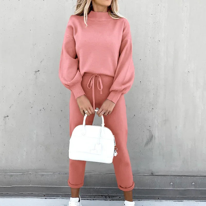 Women's High Collar Sweater and Trousers Set, Casual, Pure Color, 2-Piece, Autumn and Winter, 2024