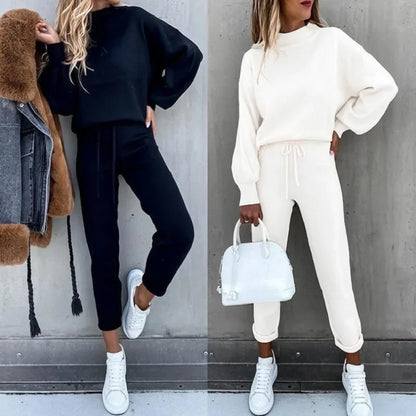 Women's High Collar Sweater and Trousers Set, Casual, Pure Color, 2-Piece, Autumn and Winter, 2024