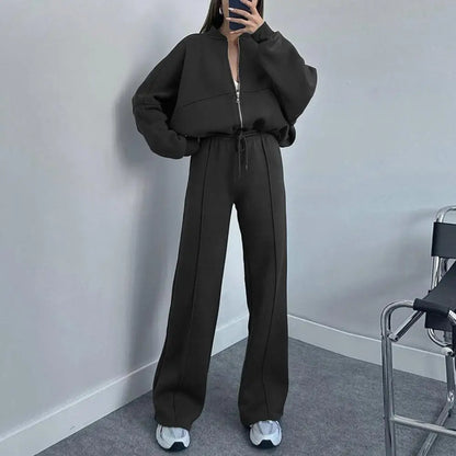 Women Loose Fit Suit Women's 2-piece Tracksuit Set with Stand Collar Coat Wide Leg Pants Solid Color Zipper Closure for Casual