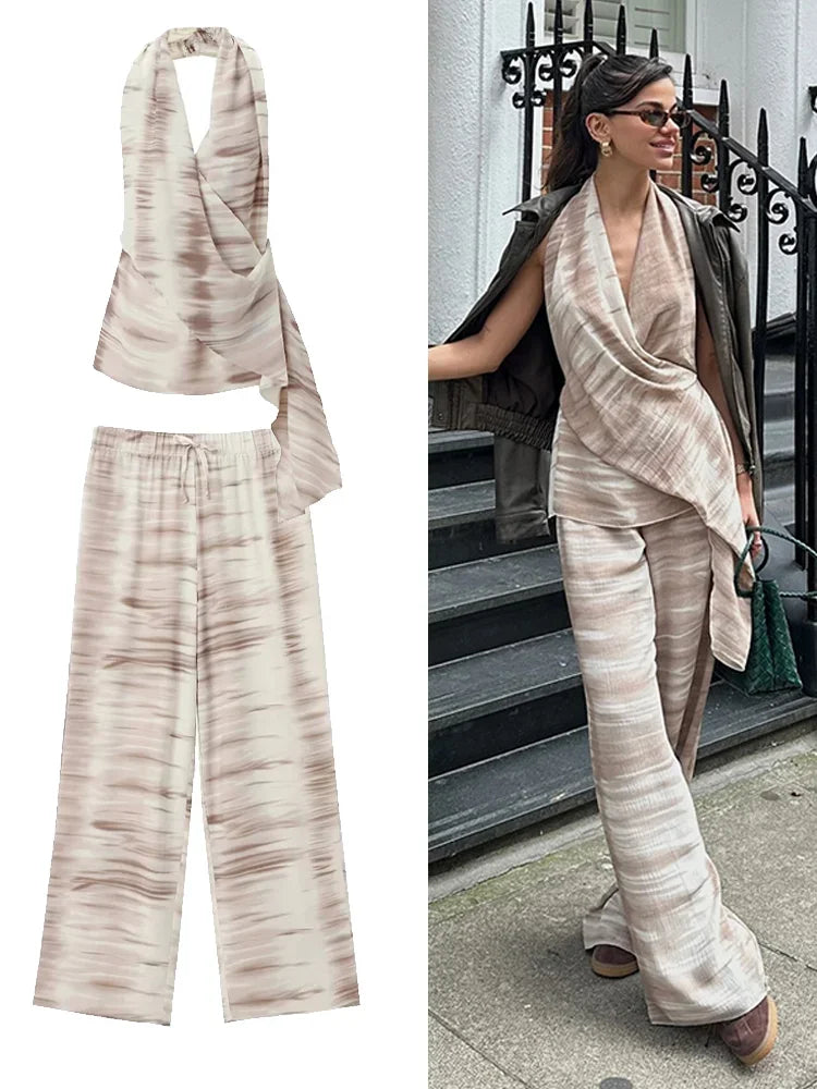 Tie-dyed Print Top Trousers Suits Women Elegant Halter Backless Top High Waist Pant Female Suit 2024 Summer Fashion Lady Set