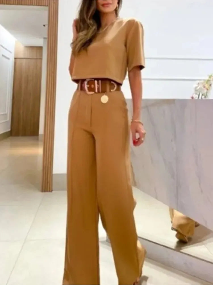 2023 Spring Summer New Two Piece Set Women Solid Color O Neck Cropped T Shirt High Waist Wide Leg Pants Casual Sets Streetwear