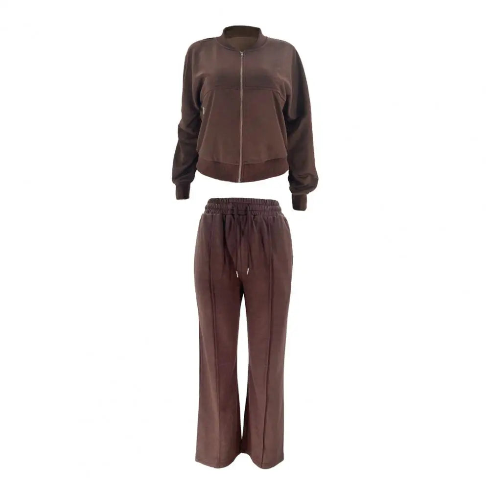 Women Loose Fit Suit Women's 2-piece Tracksuit Set with Stand Collar Coat Wide Leg Pants Solid Color Zipper Closure for Casual