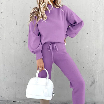 Women's High Collar Sweater and Trousers Set, Casual, Pure Color, 2-Piece, Autumn and Winter, 2024