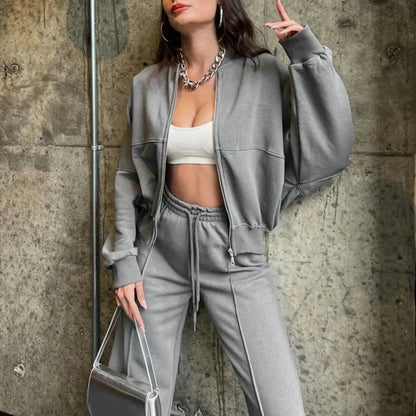 Women Loose Fit Suit Women's 2-piece Tracksuit Set with Stand Collar Coat Wide Leg Pants Solid Color Zipper Closure for Casual