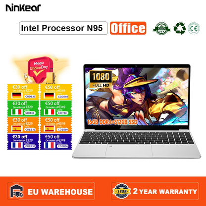 Ninkear Laptop Specialty Stores N15 Air 15.6" FHD IPS 16GB DDR4 512GB SSD Intel N95 Fingerprint Unlock Backlit Keyboard Win 11