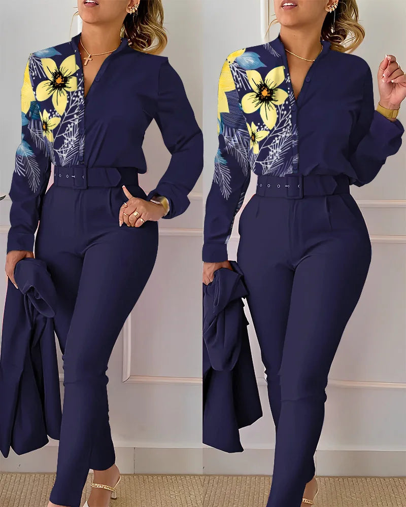 elegant print shirt and pants two piece sets women 2023 spring autumn fashion long sleeve shirts high waist pant casual suits