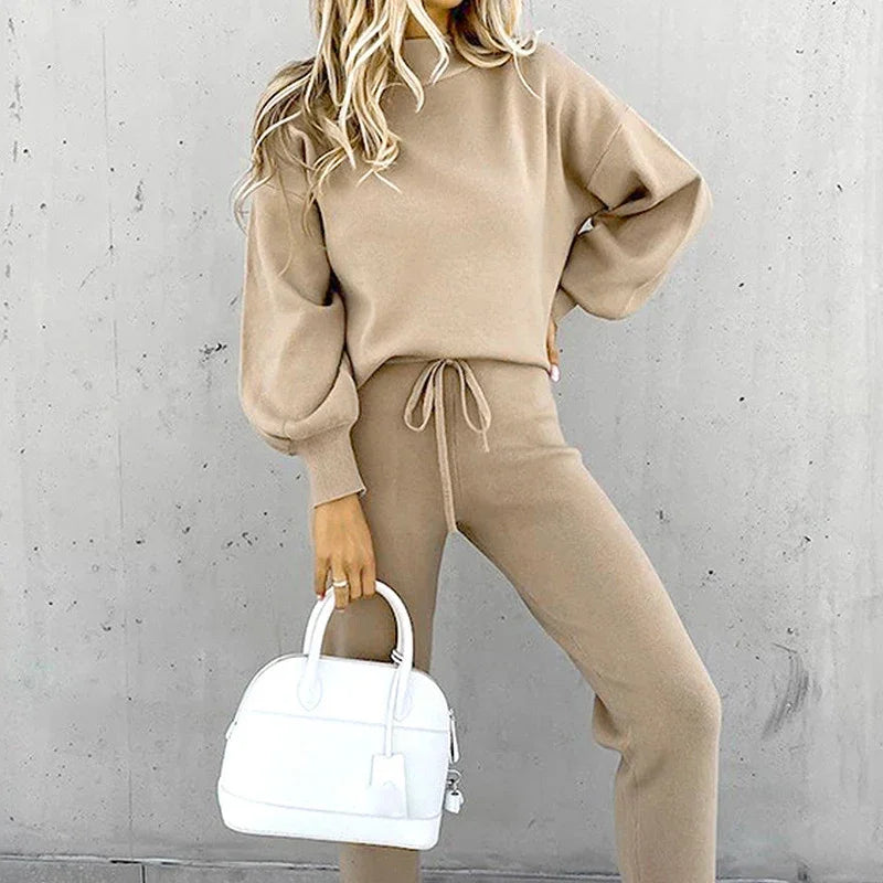 Women's High Collar Sweater and Trousers Set, Casual, Pure Color, 2-Piece, Autumn and Winter, 2024