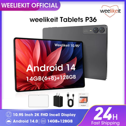 weelikeit Android 14 Tablets 10.95" 14GB+128GB 8-Core Processor 1920x1200 FHD Incell 5+13MP Dual Cams GPS WiFi6 7000mAh Battery