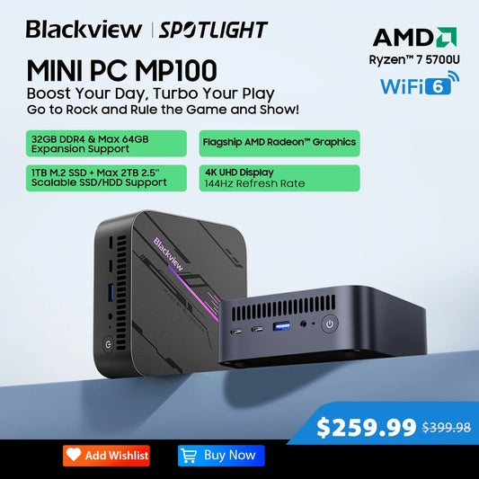 World Premiere Blackview MP100 Mini PC AMD R7 5700U 8-Core 16-thread Mini PC 16GB /32GB DDR4 512GB/1TB SSD Mini Computer PC