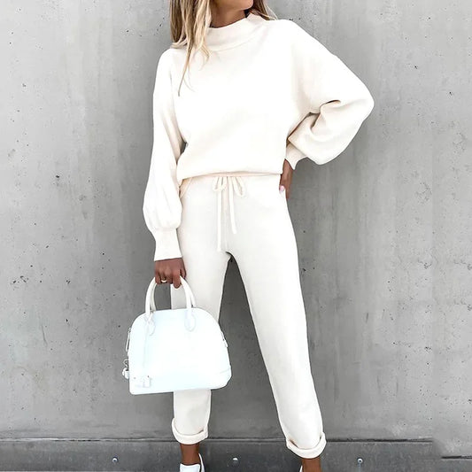 Women's High Collar Sweater and Trousers Set, Casual, Pure Color, 2-Piece, Autumn and Winter, 2024