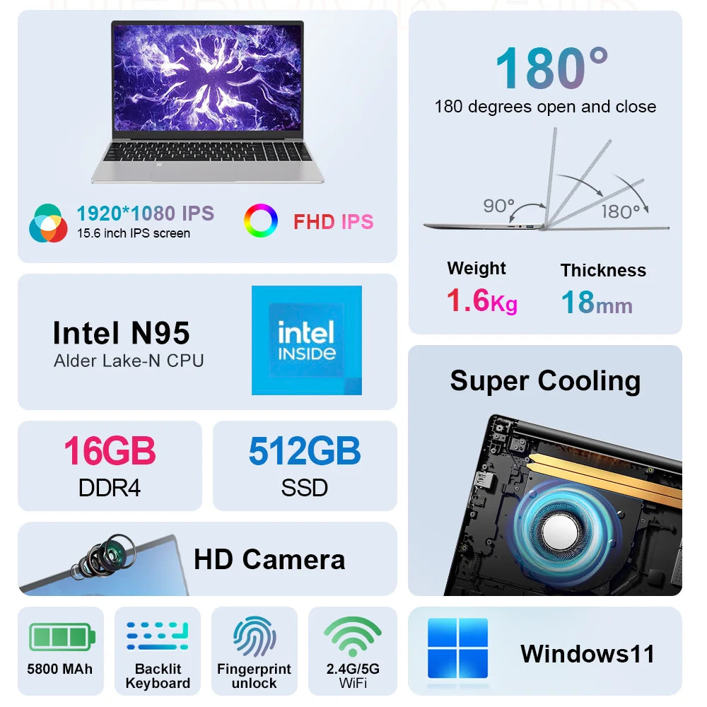 Ninkear Laptop Specialty Stores N15 Air 15.6" FHD IPS 16GB DDR4 512GB SSD Intel N95 Fingerprint Unlock Backlit Keyboard Win 11